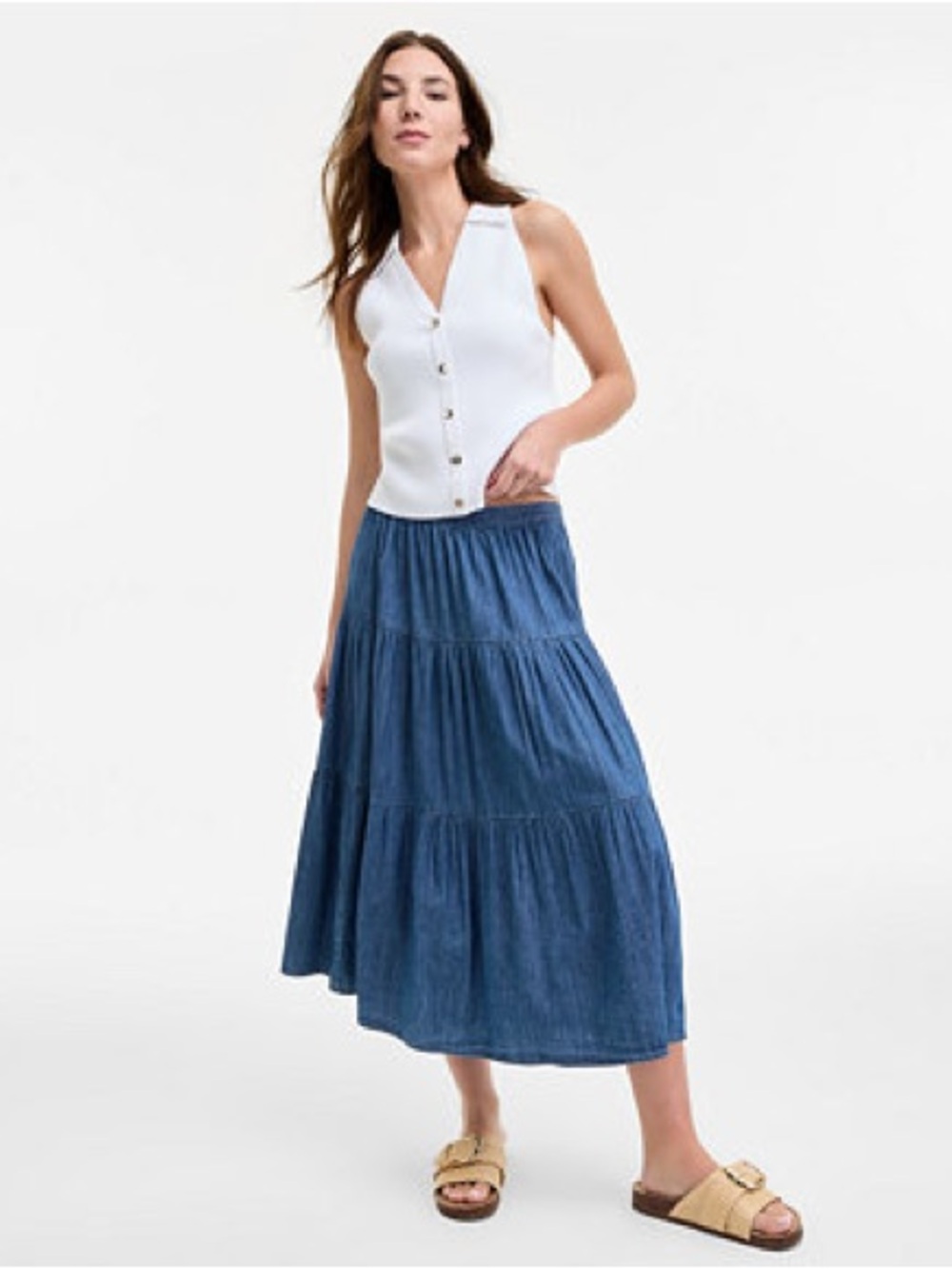 Vintage Alfred Dunner Boho Western Tiered Blue Denim Maxi Skirt Beaded layers